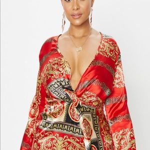 Plus Red Printed Satin Long Sleeve Wrap Dress